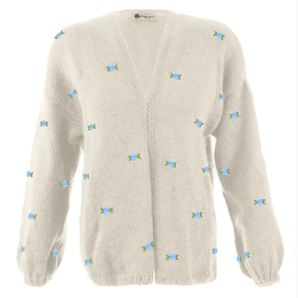 Fanm Mon winter bloom Cream Cardigan with Blue and Green Embroidery